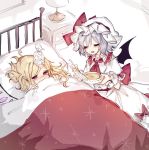 2girls ascot bangs bat_wings bed bedroom black_wings blanket blonde_hair blush bow bowl brooch closed_eyes commentary_request covering_mouth crystal desk_lamp drawer dress dress_bow eyebrows_visible_through_hair feeding fever flandre_scarlet food frills hair_between_eyes hair_spread_out half-closed_eyes hands_up hat hat_bow hat_ribbon holding holding_blanket holding_bowl holding_food holding_spoon ice ice_cube ice_pack indoors jewelry lamp lying mob_cap multiple_girls nursing on_back on_bed one_side_up open_mouth parted_bangs pillow pointy_ears puffy_short_sleeves puffy_sleeves red_bow red_eyes red_neckwear red_ribbon remilia_scarlet ribbon room sash short_hair short_sleeves siblings sick sidelocks silver_hair sisters sorani_(kaeru0768) soup spoon touhou under_covers white_dress white_headwear white_ribbon wings wrist_cuffs 