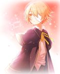  1boy bandage_over_one_eye blonde_hair blue_capelet blue_jacket capelet character_name copyright_name expressionless jacket looking_to_the_side male_focus minahoshi_taichi oliver_(vocaloid) petals pink_background ribbon shirt untucked_shirt vocaloid white_shirt yellow_eyes yellow_ribbon 