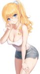  1girl bare_arms bare_shoulders blonde_hair blue_eyes breasts camisole cleavage collarbone covered_nipples cowboy_shot dolphin_shorts grey_shorts hair_ornament hand_on_own_thigh hand_up heart heart-shaped_pupils highres large_breasts long_hair looking_at_viewer original parted_lips ponytail shirt short_shorts shorts sidelocks simple_background sleeveless sleeveless_shirt solo spaghetti_strap standing sweat symbol-shaped_pupils thighs white_background white_shirt yumaomi 