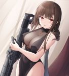  1girl armlet bare_arms bare_shoulders black_dress black_hair breasts cleavage collarbone cowboy_shot dress dsr-50_(girls_frontline) dsr-50_(weapon) earrings girls_frontline gun halter_dress highres holding holding_gun holding_weapon jewelry keenh large_breasts long_hair looking_at_viewer object_namesake parted_lips pelvic_curtain red_eyes rifle scope see-through sidelocks sleeveless sleeveless_dress sniper_rifle solo standing strap_gap thighs weapon 