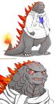  anthro anthrofied claws clothed clothing eyewear fangs fire glasses godzilla godzilla_(series) grey_body hi_res male open_mouth simple_background solo spikes toho tongue vipery-07 white_background 