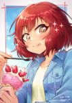  +_+ 1girl :q blue_sky blush brown_eyes collarbone commentary_request eyebrows_visible_through_hair food food_on_face fruit gojarun highres holding holding_food holding_spoon ice_cream idolmaster idolmaster_cinderella_girls idolmaster_cinderella_girls_starlight_stage jacket murakami_tomoe open_clothes open_jacket red_hair shirt short_hair sky solo sparkle sparkling_eyes spoon strawberry tongue tongue_out upper_body 