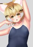  1girl :o absurdres animal_ear_fluff animal_ears arm_up armpits arms_behind_head bangs bare_arms blonde_hair blue_swimsuit cat_ears collarbone deku_suke eyebrows_visible_through_hair fang grey_background highres kemono_friends looking_at_viewer multicolored_hair one-piece_swimsuit sand_cat_(kemono_friends) short_hair simple_background solo swimsuit upper_body white_hair yellow_eyes 