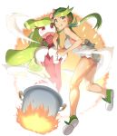  1girl :p commentary_request dark_skin fire full_body gen_7_pokemon green_eyes green_footwear green_hair highres holding holding_ladle ladle legs long_hair looking_at_viewer mao_(pokemon) ochadzuke pokemon pokemon_(creature) pokemon_(game) pokemon_sm pot sleeveless tongue tongue_out tsareena twintails 