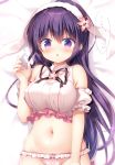  1girl animal_ears bangs bare_shoulders bed_sheet blush breasts bunny_ears commentary_request covered_nipples crop_top fake_animal_ears gochuumon_wa_usagi_desu_ka? hair_between_eyes hairband large_breasts long_hair looking_at_viewer lying midriff navel on_back panties parted_lips purple_eyes purple_hair sasai_saji shirt sleeveless sleeveless_shirt solo tedeza_rize translation_request underwear upper_body 