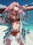  1girl abs absurdres alternate_costume beach darling_in_the_franxx floating_clothes floating_hair highres holding_surfboard horns long_hair looking_to_the_side oni_horns pink_hair solo sunglasses surfboard zero_two_(darling_in_the_franxx) zzl 