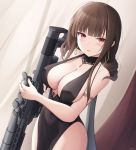  1girl armlet bare_arms bare_shoulders black_choker black_dress black_hair breasts choker cleavage collarbone cowboy_shot dress dsr-50_(girls_frontline) dsr-50_(weapon) earrings girls_frontline gun halter_dress highres holding holding_gun holding_weapon jewelry keenh large_breasts long_hair looking_at_viewer object_namesake parted_lips pelvic_curtain red_eyes rifle scope sidelocks sleeveless sleeveless_dress sniper_rifle solo standing strap_gap thighs weapon 