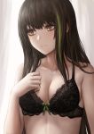  1girl absurdres bangs bare_arms bare_shoulders black_bra black_hair blush bow bow_bra bra breasts brown_eyes chinese_commentary cleavage closed_mouth collarbone commentary english_commentary eyebrows_visible_through_hair girls_frontline green_bow green_hair hand_on_own_chest highres lingerie long_hair looking_away looking_to_the_side m4a1_(girls_frontline) medium_breasts mixed-language_commentary multicolored_hair selcky solo streaked_hair two-tone_hair underwear underwear_only upper_body 