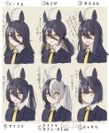  +_+ absurdres agnes_tachyon_(umamusume) ahoge alternate_hair_length alternate_hairstyle animal_ears bangs black_hair blush body_switch chart commentary_request formal hair_between_eyes hair_ornament highres horse_ears horse_girl long_hair manhattan_cafe_(umamusume) multicolored_hair necktie open_mouth personality_switch pun short_hair silver_hair smile suit translated twintails umamusume yami_anko yellow_eyes 