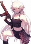  1girl absurdres armpits assault_rifle bare_shoulders black_choker black_shirt black_skirt breasts brown_eyes choker cleavage closed_mouth crop_top fate/grand_order fate_(series) gun halter_top halterneck highres holding holding_gun holding_weapon huge_filesize jeanne_d&#039;arc_(alter)_(fate) jeanne_d&#039;arc_(fate)_(all) knee_up long_hair looking_at_viewer m4_carbine medium_breasts midriff miniskirt nail_polish nakanishi_tatsuya navel pleated_skirt red_nails rifle shirt simple_background skirt sleeveless sleeveless_shirt solo trigger_discipline v-shaped_eyebrows very_long_hair weapon white_background white_hair 