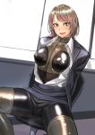  1girl arm_support blonde_hair bodysuit breast_cutout covered_nipples day highres indoors jacket kilye_4421 latex_bodysuit looking_at_viewer office_lady open_clothes open_shirt original pencil_skirt shirt sitting skin_tight skirt solo swivel_chair 