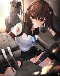  1girl absurdres anchor_symbol black_sailor_collar black_skirt blood brown_eyes brown_hair collarbone cowboy_shot fubuki_(kantai_collection) hibiki_zerocodo highres kantai_collection machinery pleated_skirt remodel_(kantai_collection) sailor_collar school_uniform serafuku short_hair short_ponytail short_sleeves skirt smokestack solo torn_clothes torn_skirt torn_sleeves turret 