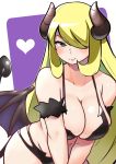  1girl alternate_costume bangs blonde_hair blush breasts cleavage closed_mouth collarbone commentary_request demon_girl grey_eyes hair_over_one_eye heart horns large_breasts long_hair looking_away low_wings mituyota_76 pokemon pokemon_(game) pokemon_dppt shiny shiny_hair shiny_skin shirona_(pokemon) smile solo succubus tail two-tone_background very_long_hair wings 
