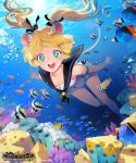  1girl air_bubble animal_ears armband bare_shoulders blonde_hair blue_eyes bubble character_request chkuyomi commentary_request copyright_name coral fish hair_ribbon long_hair official_art open_mouth ribbon sailor_collar shingeki_no_bahamut sleeveless smile swimming swimsuit symbol-shaped_pupils tail twintails underwater white_swimsuit 