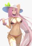  1girl absurdres bikini breasts cjyoung fate/grand_order fate/stay_night fate_(series) gorgon hat highres jewelry large_breasts long_hair necklace purple_eyes purple_hair rider simple_background smile swimsuit very_long_hair white_background 