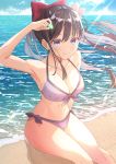  1girl arm_up armpits bare_arms bare_shoulders beach bikini black_hair blue_eyes bow breasts cleavage collarbone day floating_hair front-tie_bikini front-tie_top hair_bow halterneck highres holding horizon koh_rd large_breasts long_hair looking_at_viewer navel ocean original outdoors purple_bikini side-tie_bikini sidelocks sitting smile solo stomach sunlight swimsuit thighs water 
