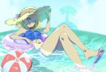  1girl adjusting_clothes adjusting_hat alternate_costume aqua_eyes ball bangs bare_legs barefoot beachball blonde_hair blue_sky blue_tubetop breasts cloud cloudy_sky commentary crossed_legs day full_body hat innertube island looking_at_viewer medium_breasts midriff navel ocean open_mouth outdoors parted_bangs partially_submerged pink_footwear princess_zelda sandals shade short_hair shuri_(84k) sky sleeveless solo strapless straw_hat sun_hat sunlight the_legend_of_zelda the_legend_of_zelda:_breath_of_the_wild the_legend_of_zelda:_breath_of_the_wild_2 thick_eyebrows thighs tubetop twitter_username 