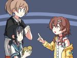  3girls adrian_ferrer animal_ears black_eyes black_hair black_shirt blue_eyes blue_sailor_collar braid brown_eyes brown_hair character_request crossover dog_ears dog_tail english_commentary fubuki_(kantai_collection) grey_background hair_over_shoulder hololive hood hooded_jacket hoodie index_finger_raised intrepid_(kantai_collection) inugami_korone jacket kantai_collection long_hair low_ponytail low_twintails multicolored_neckwear multiple_girls off_shoulder pointing ponytail potato sailor_collar school_uniform serafuku shirt short_hair short_ponytail sidelocks tail twin_braids twintails two-tone_background upper_body vest white_vest yellow_jacket 