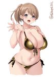  1girl bikini bikini_top blue_eyes breasts brown_hair cowboy_shot ebifurya front-tie_top gold_bikini gold_swimsuit highres intrepid_(kantai_collection) kantai_collection large_breasts navel ponytail shiny_swimsuit short_hair side-tie_bikini swimsuit twitter_username white_background 