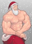  1boy abs ass bad_anatomy bara beard chest christmas facial_hair flexing hat highres hunterkay looking_at_viewer male_focus manly muscle nipples original pectorals pose santa_costume santa_hat shirtless smile snow snowing solo undressing 