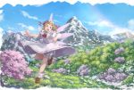  1girl :d absurdres blonde_hair bloomers bow bowtie brown_footwear capelet commentary_request day dress fairy_wings full_body hat hat_bow highres huge_filesize lily_white loafers mountain mountainous_horizon nagi_(xx001122) open_mouth outdoors petals red_bow red_eyes red_neckwear shoes short_sleeves smile socks solo touhou underwear white_capelet white_dress white_legwear wings 