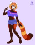  2020 4_toes 5_fingers ailurid anthro brown_body brown_fur clothed clothing digital_media_(artwork) female fingers fur hair kacey mammal midriff navel open_mouth orange_hair red_panda smile solo teeth toes tongue 