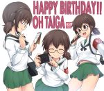  1girl :q armband bag black-framed_eyewear black_neckwear blouse brown_eyes brown_hair camera carrying character_name closed_mouth english_text eyebrows_visible_through_hair facing_viewer from_side girls_und_panzer glasses green_skirt hair_tie happy_birthday holding holding_camera holding_microphone holding_notepad holding_pen kasai_shin long_sleeves microphone miniskirt multiple_views navel neckerchief notepad ooarai_school_uniform open_mouth ou_taiga pen pleated_skirt satchel school_uniform semi-rimless_eyewear serafuku short_hair skirt smile standing tongue tongue_out twintails under-rim_eyewear white_background white_blouse 