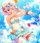  1girl animal_ears balloon bikini bow eyebrows_visible_through_hair fake_animal_ears flower granblue_fantasy hair_flower hair_ornament highres looking_at_viewer mouse_ears open_mouth pakkuncho rat red_bikini red_eyes skirt star-shaped_eyewear swimsuit thigh_strap vikala_(granblue_fantasy) white_hair white_skirt 