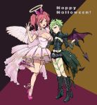 2girls angel_wings black_footwear black_gloves black_shorts black_wings boots breasts cleavage demon_horn dress feathered_wings full_body gloves green_hair green_ribbon halloween halloween_costume happy_halloween high_heels highres holding jewelry knee_boots large_breasts layered_dress long_hair long_sleeves macross macross_delta makina_nakajima midriff mosako multiple_girls navel pink_dress pink_footwear pink_hair pumps reina_prowler ribbon ring see-through shiny shiny_hair short_dress short_hair short_shorts shorts shrug_(clothing) skull_belt sleeveless sleeveless_dress small_breasts standing standing_on_one_leg stomach strapless twintails white_wings wings 