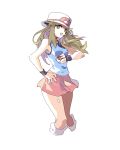  1girl :d ankea_(a-ramo-do) blue_(pokemon) blue_shirt breasts brown_eyes brown_hair cropped_legs floating_hair hand_on_hip hat holding holding_poke_ball kneehighs long_hair medium_breasts miniskirt open_mouth pink_skirt pleated_skirt poke_ball pokemon pokemon_(game) pokemon_frlg shirt simple_background sketch skirt sleeveless sleeveless_shirt smile solo standing very_long_hair white_background white_headwear white_legwear wristband 