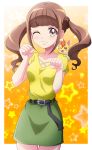  1girl ;3 animal_on_shoulder belt belt_buckle black_belt breasts brown_eyes brown_hair buckle closed_mouth collarbone cowboy_shot eyebrows_visible_through_hair floating_hair green_skirt hanzou healin&#039;_good_precure highres hiramitsu_hinata long_hair miniskirt nyatoran_(precure) one_eye_closed paw_pose pencil_skirt precure shiny shiny_hair shirt short_sleeves sidelocks skirt small_breasts solo standing yellow_shirt 