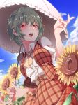  1girl absurdres ascot bangs blue_sky blurry blurry_background blush breasts brown_corset collared_shirt commentary_request cowboy_shot day depth_of_field eyebrows_visible_through_hair fingernails flower garden_of_the_sun gokuu_(acoloredpencil) green_hair hair_between_eyes hand_up highres holding holding_umbrella huge_filesize kazami_yuuka leaning_forward lens_flare medium_breasts open_clothes open_collar open_mouth open_vest parasol pink_nails plaid plaid_skirt plaid_vest red_eyes red_skirt red_vest reflective_eyes shiny shiny_hair shirt short_hair short_sleeves skirt skirt_set sky smile solo sunflower sunlight teeth tongue touhou umbrella vest white_shirt yellow_neckwear 