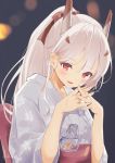  1girl absurdres alternate_costume ayanami_(azur_lane) azur_lane blurry bow commentary_request contemporary depth_of_field goldfish_scooping hair_bow hair_ornament hair_ribbon hairclip hands_clasped head_down headgear highres japanese_clothes kimono kodama_(koda_mat) looking_at_viewer obi open_mouth orange_eyes own_hands_together ponytail retrofit_(azur_lane) ribbon sash short_hair signature silver_hair solo summer_festival talking yukata 