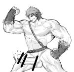  1boy abs bangs bara chest fate/grand_order fate_(series) flexing hand_on_hip hunterkay large_penis male_focus muscle orion_(fate/grand_order) orion_(super_archer)_(fate) pectorals penis pose smile solo thick_eyebrows thighs upper_body vambraces veins 