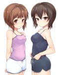  2girls arm_behind_back bangs black_shirt black_shorts camisole casual closed_mouth covered_navel cowboy_shot eyebrows_visible_through_hair girls_und_panzer hand_on_own_chest highres kasai_shin light_blush light_frown looking_at_viewer multiple_girls nishizumi_maho nishizumi_miho pink_shirt shirt shirt_tug short_hair short_shorts shorts siblings simple_background sisters standing white_background white_shorts 