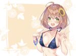  1girl :d ahoge bikini blue_bikini blush bracelet breasts brown_hair cleavage collarbone commentary flower green_eyes hair_between_eyes hair_flower hair_ornament highres honma_himawari jewelry leaf leaf_background leaf_print looking_at_viewer medium_breasts midriff navel nijisanji open_mouth orange_background short_hair shuri_(84k) sideboob smile solo strap_pull sunflower swimsuit upper_body v virtual_youtuber 