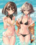  2girls :d ahoge arknights bangs bare_arms bare_shoulders bikini black_bikini black_hair blue_sky breasts cloud collarbone commentary_request cowboy_shot cup day disposable_cup drinking_straw front-tie_bikini front-tie_top grey_eyes grey_hair highres holding holding_cup jacket looking_at_viewer magallan_(arknights) mayer_(arknights) medium_breasts multicolored_hair multiple_girls navel off_shoulder open_clothes open_jacket open_mouth orange_jacket outdoors short_hair short_hair_with_long_locks sigm@ sky smile standing stomach streaked_hair swimsuit thighs wading water white_bikini white_hair yellow_eyes 