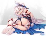  1girl arms_behind_back artist_name ball_gag bare_shoulders bdsm blue_eyes blue_skirt blush bondage bound breasts chinese_commentary commentary_request eyebrows_visible_through_hair feet gag gagged gloves hair_between_eyes hair_ornament honkai_(series) honkai_impact_3rd long_hair looking_at_viewer lying no_shoes on_side one_side_up panties red_rope restrained rope skirt small_breasts solo theresa_apocalypse thighhighs tied_up underwear white_gloves white_hair white_legwear white_panties yiduan_zhu 