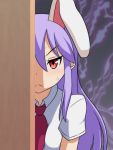  1girl animal_ears aura bangs bunny_ears cato_(monocatienus) commentary extra_ears eyebrows_visible_through_hair frown hair_between_eyes long_hair necktie peeking_out purple_hair red_eyes red_neckwear reisen_udongein_inaba shirt short_sleeves sidelocks solo sweatdrop touhou upper_body v-shaped_eyebrows white_shirt 