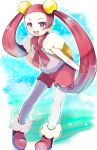  1girl :d backpack bag blush commentary_request eyelashes hair_ornament hand_visible_through_hair highres long_hair looking_at_viewer miru_(pokemon) open_mouth pantyhose pink_eyes pink_hair pink_shorts pokemon pokemon_(game) pokemon_dppt rock_mani shiny shiny_hair shorts smile solo tied_hair tongue twintails white_legwear yellow_backpack 