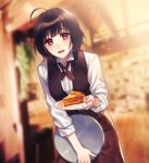  1girl ahoge apple_pie apron bangs black_hair black_vest blurry blurry_background braid brown_apron brown_eyes commentary_request cowboy_shot dutch_angle eyebrows_visible_through_hair highres holding holding_plate holding_tray indoors leaning_forward long_sleeves original parted_lips pie_slice plate shirt short_hair sleeves_rolled_up solo standing tray twin_braids vest waitress white_shirt yuzuki_kaoru 