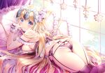  1girl ass back bangs bare_shoulders blonde_hair blue_eyes blush braid breasts closed_mouth fate/apocrypha fate_(series) frills garter_belt garter_straps geko headpiece jeanne_d&#039;arc_(fate) jeanne_d&#039;arc_(fate)_(all) large_breasts lingerie long_braid long_hair looking_at_viewer looking_back lying on_bed on_stomach sideboob single_braid smile thighs underwear very_long_hair window 