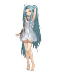  1girl absurdres ahoge armpits barefoot blue_eyes blue_hair blush chobbb closed_mouth dress full_body granblue_fantasy hair_intakes hand_in_hair highres long_hair looking_at_viewer lyria_(granblue_fantasy) shiny shiny_hair short_dress simple_background sleeveless sleeveless_dress smile solo standing thighlet very_long_hair white_background white_dress 