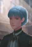  1girl blue_dress blue_hair braid brown_eyes capelet closed_mouth commentary crown_braid dress english_commentary epaulettes fire_emblem fire_emblem:_three_houses indoors light_rays lips looking_at_viewer marianne_von_edmund ribbon short_hair smile solo white_ribbon yagaminoue 