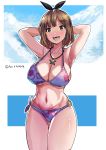  1girl absurdres armpits arms_behind_back arms_up atelier_(series) atelier_ryza bangs bare_shoulders bikini black_ribbon blue_sky breasts brown_eyes brown_hair cleavage cloud covered_nipples eyebrows_visible_through_hair hair_ornament hair_ribbon hairclip highres jewelry julioalqae large_breasts multicolored multicolored_bikini multicolored_clothes navel necklace o-ring o-ring_bottom open_mouth reisalin_stout ribbon short_hair sky star_(symbol) star_necklace stomach swimsuit thighs underboob 