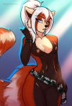  absurd_res ailurid anthro camo camo_clothing camo_print clothing female fur hair hi_res majinizombie mammal nava_(hunterx90) nipples nude pattern_clothing red_body red_fur red_panda solo teasing undressing white_hair 