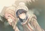  2girls absurdres beanie betock black_hair breath dutch_angle forest hat highres kagamihara_nadeshiko multiple_girls nature outdoors pink_hair scarf shima_rin sketch upper_body winter_clothes yurucamp 