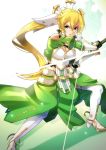  1girl bangs black_gloves blonde_hair boots breastplate commentary_request dress eyebrows_visible_through_hair glint gloves green_dress green_eyes hair_between_eyes hair_ornament high_heel_boots high_heels highres holding holding_sword holding_weapon is_ii juliet_sleeves leafa long_hair long_sleeves looking_at_viewer parted_lips ponytail puffy_sleeves sheath solo standing sword sword_art_online:_alicization thigh_boots thighhighs unsheathing v-shaped_eyebrows vambraces very_long_hair weapon white_footwear white_legwear 