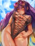  1girl areola_slip areolae aviator_sunglasses blush breasts brown_hair cameltoe cleavage covered_nipples cross-laced_clothes gradient_hair highres hijiri_byakuren jubakurei large_breasts long_hair looking_at_viewer multicolored_hair one-piece_swimsuit purple_hair see-through solo sunglasses swimsuit thighs touhou two-tone_hair wavy_hair 