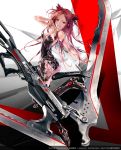  1girl android ass bare_shoulders beatless blade collarbone fingernails glowing gun highres holding holding_gun holding_weapon huge_weapon kouka_(beatless) long_fingernails long_hair parted_lips red_eyes red_hair redjuice see-through smile solo weapon 